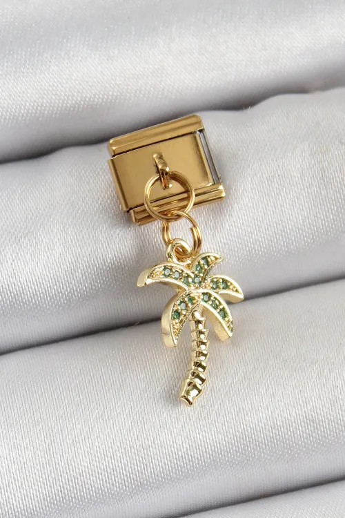 ietaks™ 316L Çelik Sallantılı Zirkon Taşlı Palmiye Ağacı Model Gold Renk Nomination Charm