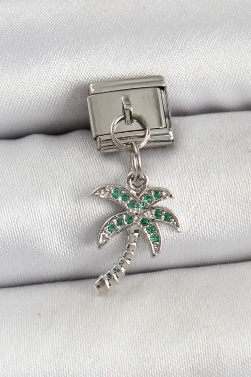 ietaks™ 316L Çelik Sallantılı Zirkon Taşlı Palmiye Ağacı Model Gümüş Renk Nomination Charm