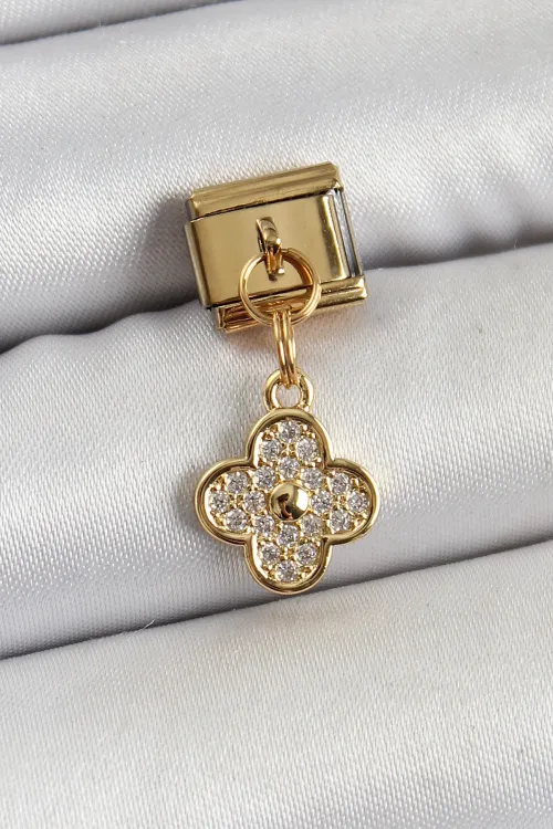 ietaks™ 316L Çelik Sallantılı Zirkon Taşlı Yonca Model Gold Renk Nomination Charm