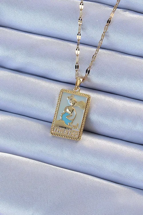 ietaks™ 316L Çelik Zincir Altın Renk Mavi Mineli Tarot Kolye