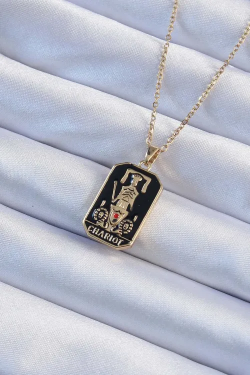 ietaks™ 316L Çelik Zincir Altın Renk Siyah Mineli Tarot Kolye