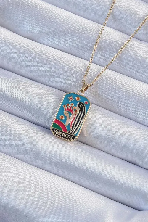 ietaks™ 316L Çelik Zincir Altın Renk Taç ve Kız Figürlü Renkli Mineli Tarot Kolye