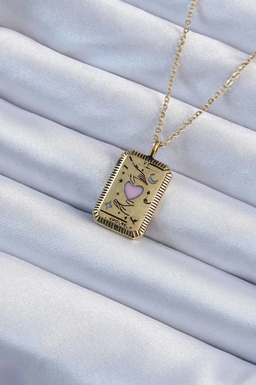 ietaks™ 316L Çelik Zincir Eskitme Altın Renk Pembe Mineli Kalp Figürlü Tarot Kolye