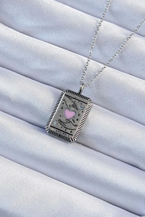 ietaks™ 316L Çelik Zincir Eskitme Gümüş Renk Pembe Mineli Kalp Figürlü Tarot Kolye