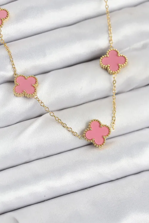 ietaks™ 316L Çelik Zincir Gold Pembe Renk Yonca Kadın Kolye