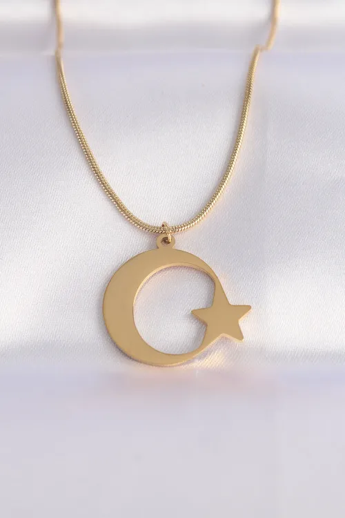 ietaks™ 316L Çelik Zincir Gold Renk Ay Yıldız Unisex Kolye