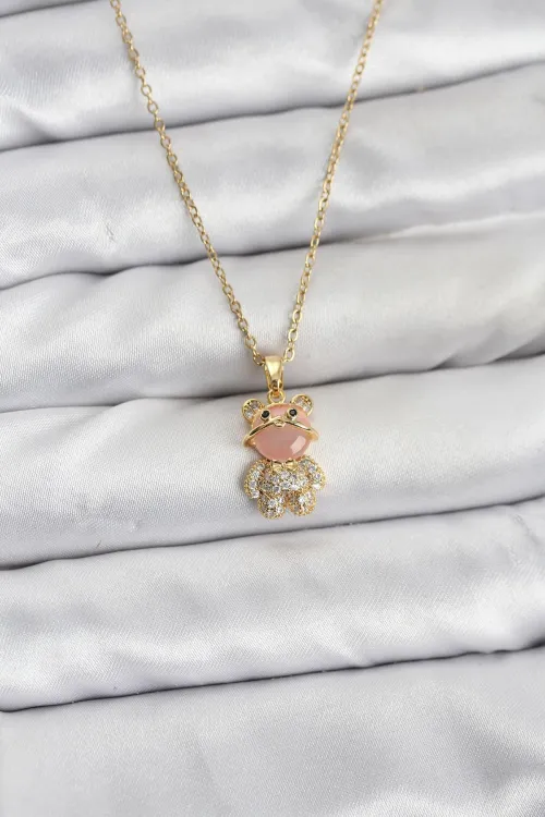 ietaks™ 316L Çelik Zincir Gold Renk Teddy Bear Model Zirkon Taşlı Kadın Kolye