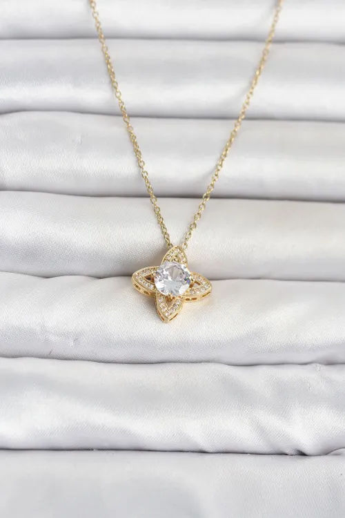 316L Çelik Zincir Gold Renk Yonca Model Kadın Kolye TJ-BKO11078