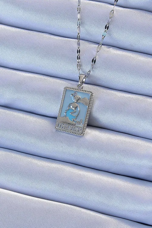 ietaks™ 316L Çelik Zincir Gümüş Renk Mavi Mineli Tarot Kolye
