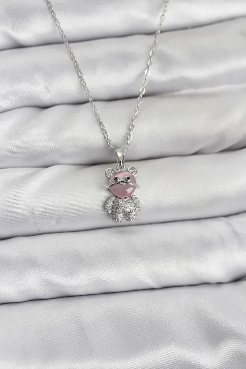 ietaks™ 316L Çelik Zincir Gümüş Renk Teddy Bear Model Zirkon Taşlı Kadın Kolye