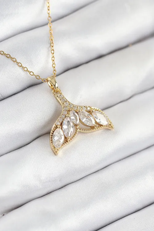316L Çelik Zirkon Taşlı Balık Kuyruğu Model Gold Renk Kadın Kolye