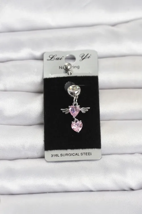 316L Cerrahi Çelik Pembe Zirkon Taşlı Kanat Model Göbek Piercing