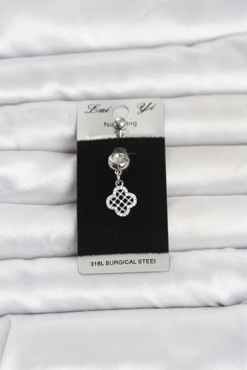 316L Cerrahi Çelik Zirkon Taşlı Sallantılı Yonca Model Göbek Piercing TJ-PR1397