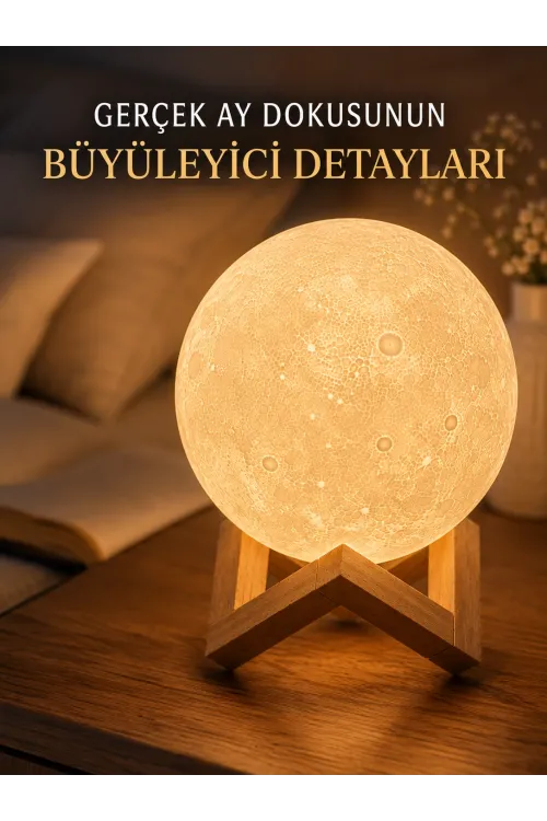 3d Ay Gece Lambası Ahşap Standlı Dekoratif Led Masa Lambası