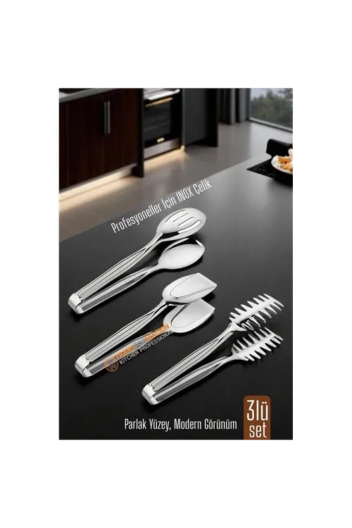 3’lü İnox Çelik Mutfak Maşa Seti - Makarna Pasta Salata Çok Amaçlı Maşa 3 lü SET 722225
