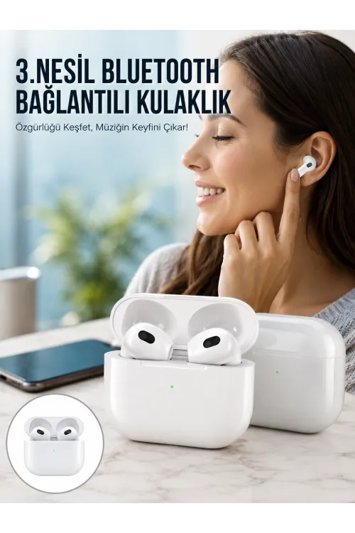 3.nesil İos Android Uyumlu Bluetooth 5.0 Beyaz Çağrı Cevaplama Yeni Nesil