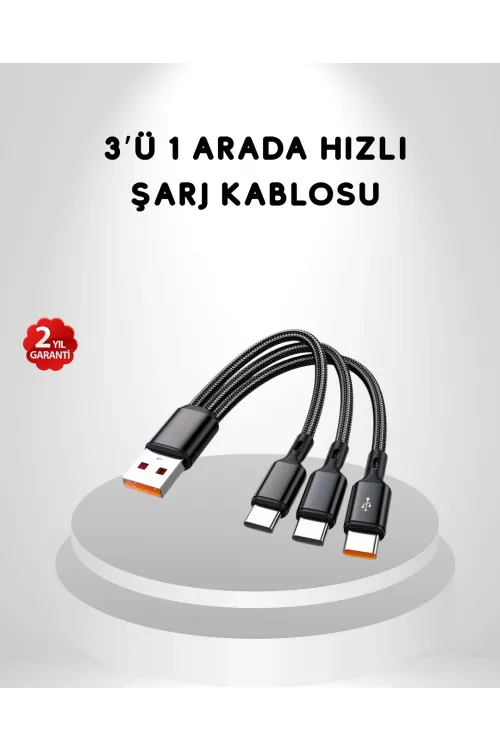 3’ü 1 Arada Hızlı Şarj Kablosu İos Android Type-c Uyumlu Ve Dayanıklı