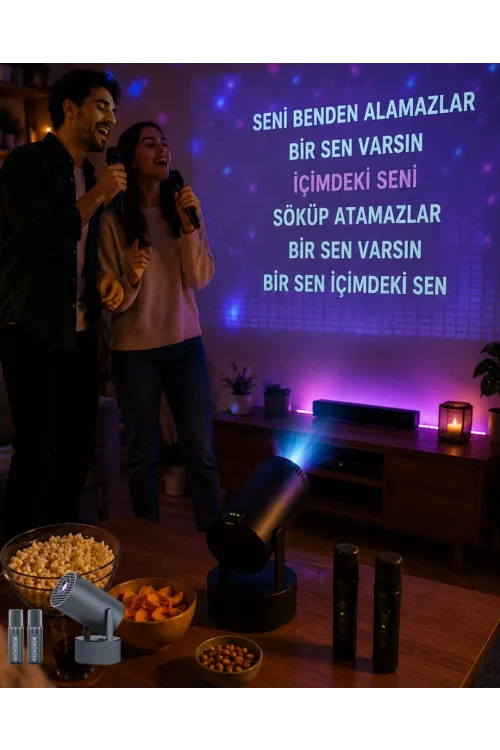 3ü 1 Arada Karaoke Ve Projeksiyon Sistemi Çift Mikrofon Destekli