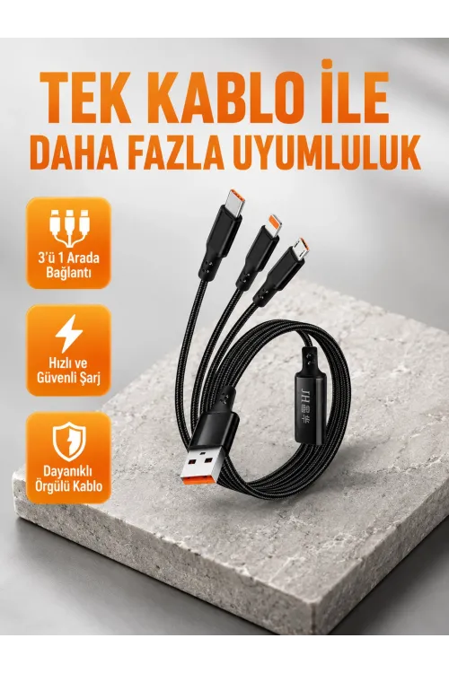 3’ü 1 Arada Şarj Kablosu Type-c İos Android Uyumlu Hızlı Ve Güvenli Şarj