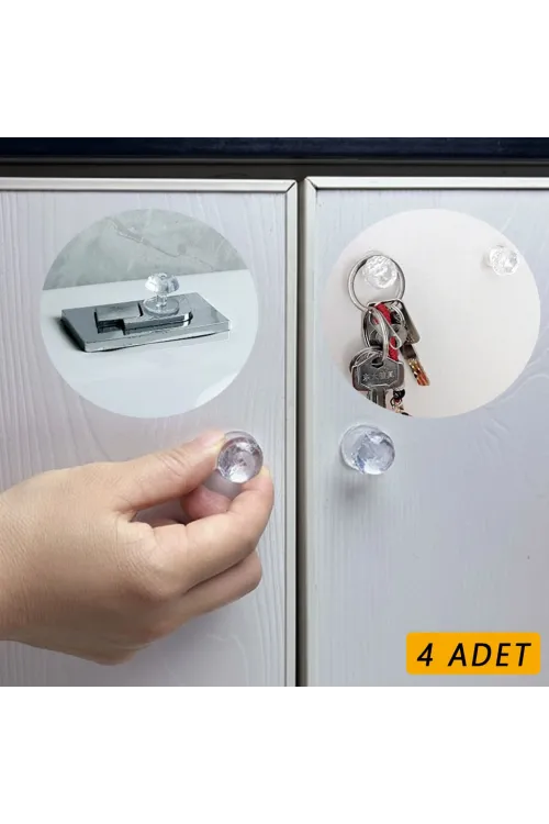 4 Adet Kristal Tasarımlı Çok Amaçlı Yapışkanlı Tutacak Buton