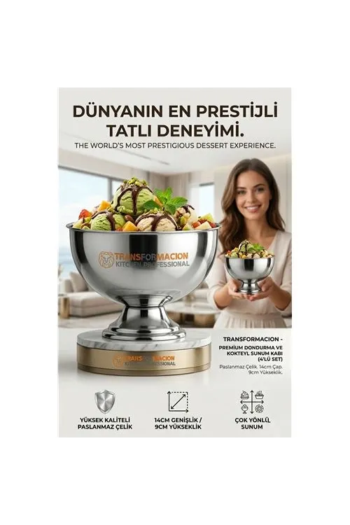 4 lü  Ayaklı Dondurma Tatlı Kokteyl ve Sunum Kasesi -  Paslanmaz Çelik 14 cm 723027