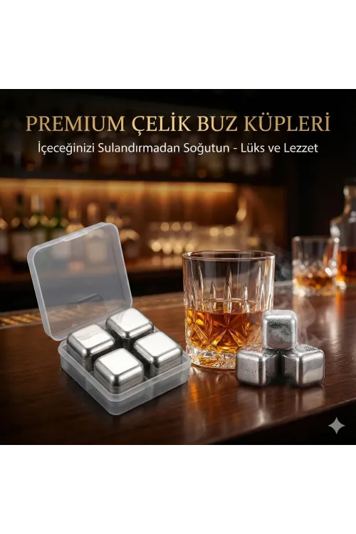 4lü Çelik Metal Kaplama Viski Taşı Soğutma Buz Küpü
