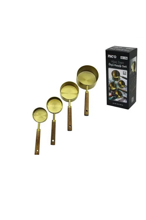 4 Pcs Gold Metal Ölçü Kaşık Seti Otantik Ağaç Kulp 250ml - 125ml - 80ml - 60ml