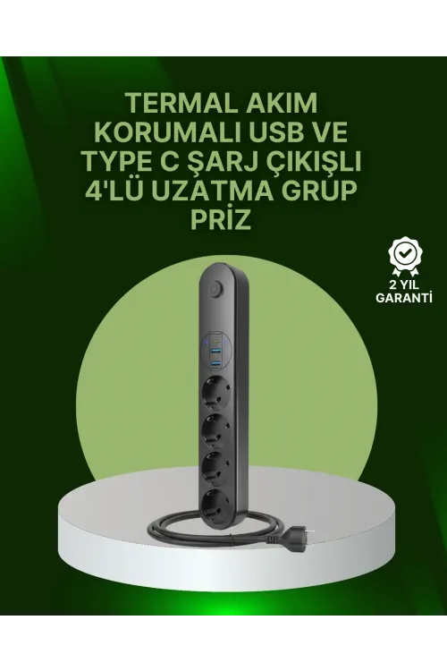 4 Priz 2 Usb 1 Type-c Akım Korumalı Çoklu Priz Led Anahtarlı
