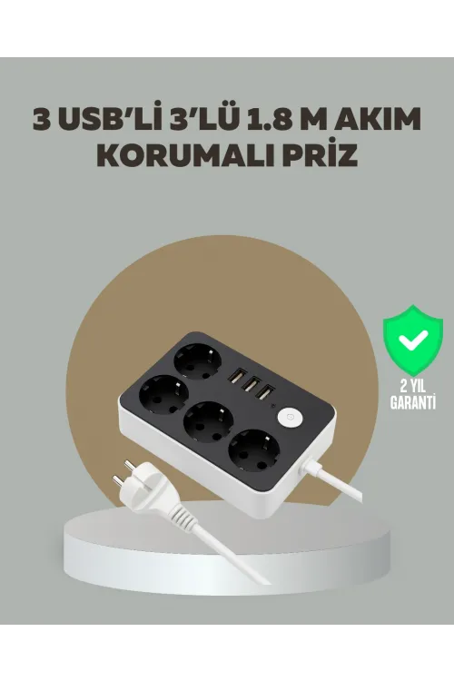 4 Prizli 3 Usb Portlu Anahtarlı Akım Korumalı Priz