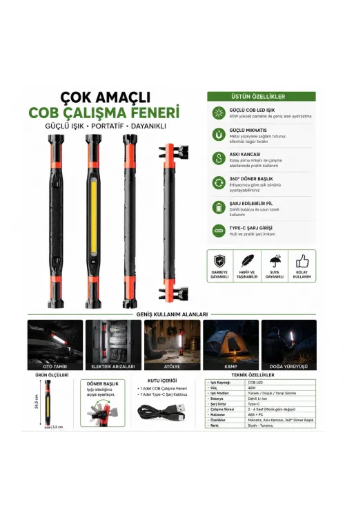 40W COB LED Şarjlı Çalışma Lambası Mıknatıslı Askılı Type-C GS2080