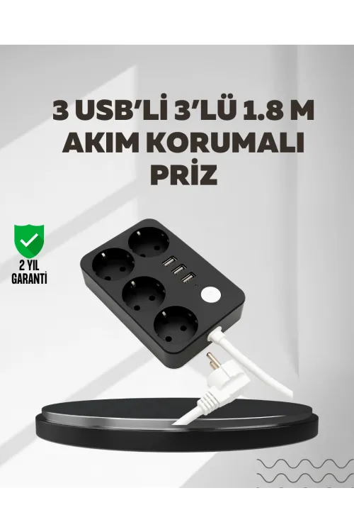 4.1a Hızlı Şarjlı Akım Korumalı 4 Priz Ve 3 Usb Çıkışlı Priz