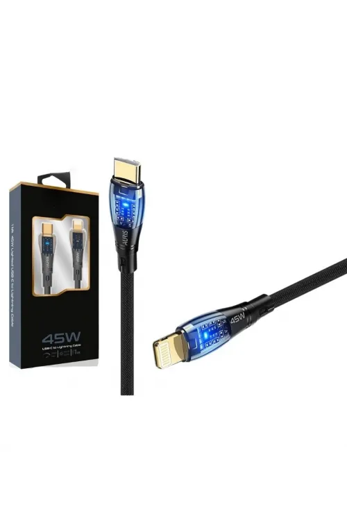 45W USBC Lightning Işıklı Şeffaf Kablo Hızlı Şarj, Dayanıklı Tasarım, iPhone ve iPad Uyumlu