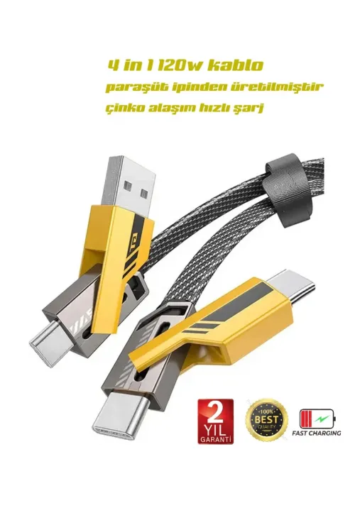 4in1 Pd 65 Watt Type-c/27 Watt İphone Halat Örgü Kırılmaz Uç 1mt Hızlı Şarj Ve Data Kablosu Fp98