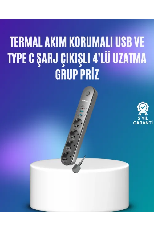 4’lü Çoklu Priz 2 Usb Type-c Girişli Akım Korumalı Siyah