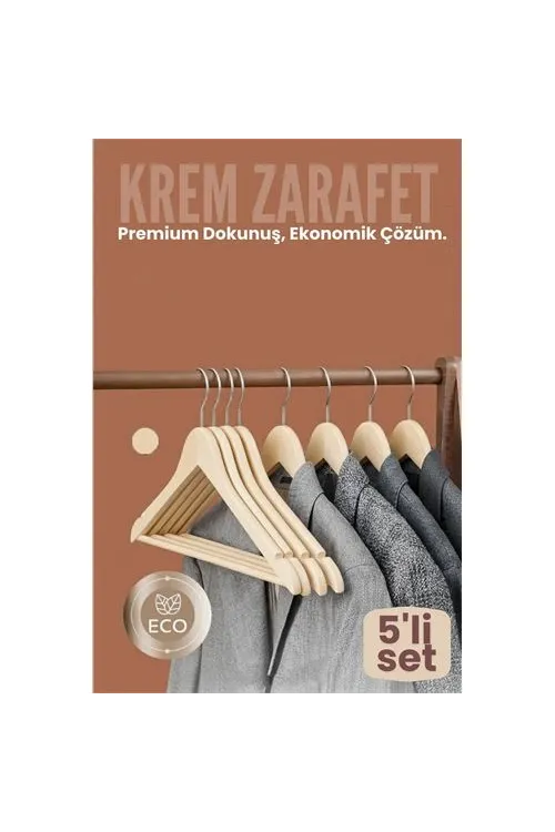 5li Lüks Krem Elbise Ceket Askısı - Ergonomik & Kaymaz Plastik Askı Seti -  Ahşap Görünümlü 722531