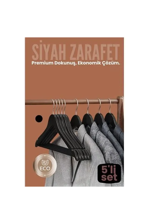 5li Lüks Siyah Elbise Ceket Askısı - Ergonomik & Kaymaz Plastik Askı Seti -  Ahşap Görünümlü 722532