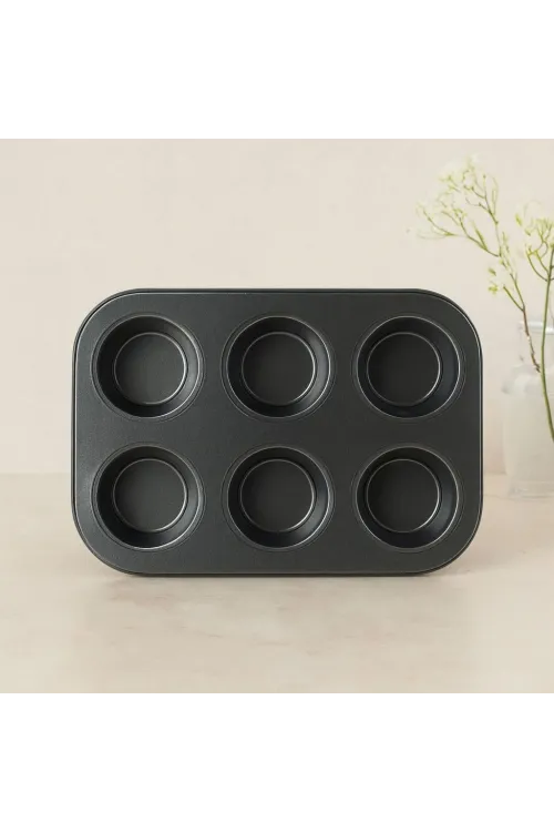 6 Gözlü Siyah Metal Muffin Kalıbı