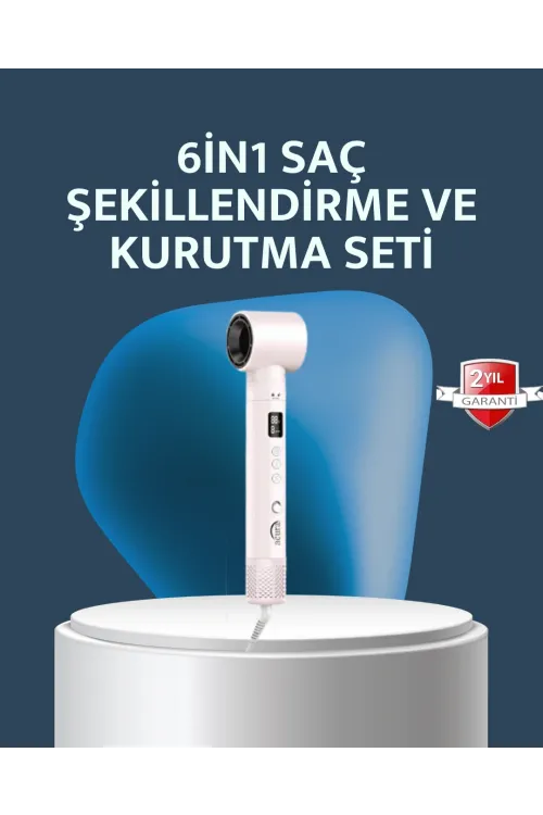 6-in-1 Saç Şekillendirme Seti Yüksek Hızlı Motor Negatif İyon Lcd Ekran