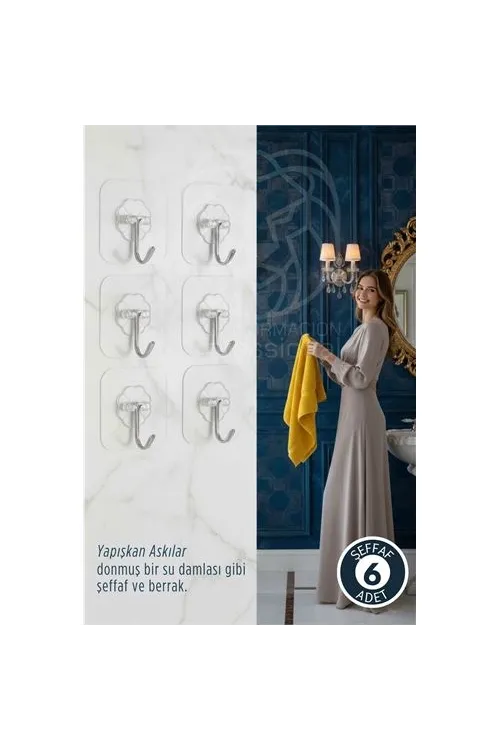 6 lı Şeffaf Yapışkanlı Askı, Mutfak Banyo Duvar Askısı, Çivisiz Pratik Kanca Seti