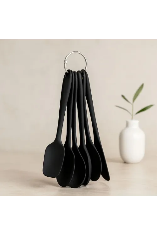 6 Parça Siyah Silikon Mutfak Seti (2 Kaşık, 3 Spatula, Yumurta Fırça)