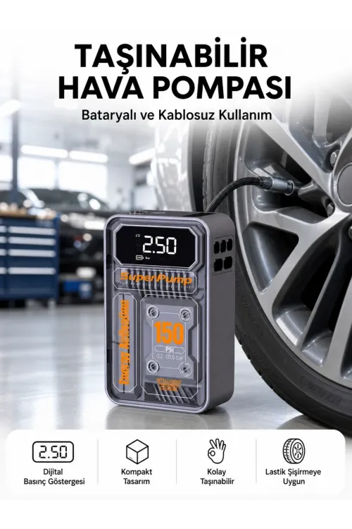6000mAh Bataryalı LED Ekranlı Akıllı Hava Kompresörü