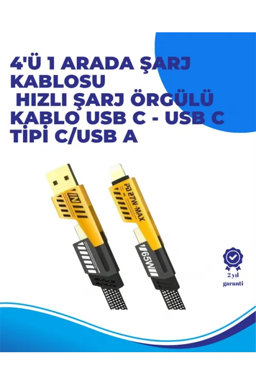 65w 4ü 1 Arada Çoklu Şarj Kablosu – Usb-c, Usb-a, Lightning, Veri Ve Şarj Desteği