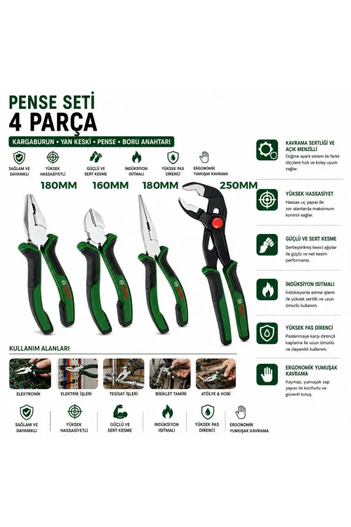 600 A02 W7k 621 4 Pcs Pense Seti 10 Papağan Pense Ve 7 Pense - 6 Yan Keski - 7 Kargaburnu 60 ± Kesme Sertlik IEGRO9R