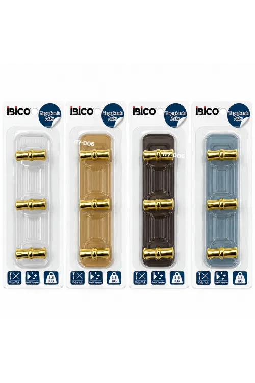 İbico İ17-006 ( 3 Kollu= Gold & ( T= Ꟶ ) Yapışkanlı Pls. Askı ( Mika Kristal Şeffaf Renkli Taban ) ( 3.5kg.taşıma )*12x14