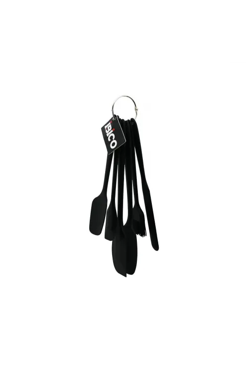 6pcs  Silikon - Siyah Mutfak Seti 2 Kaşık - 3 Spatula - Yumurta Fırça  Metal Asma Halkalı