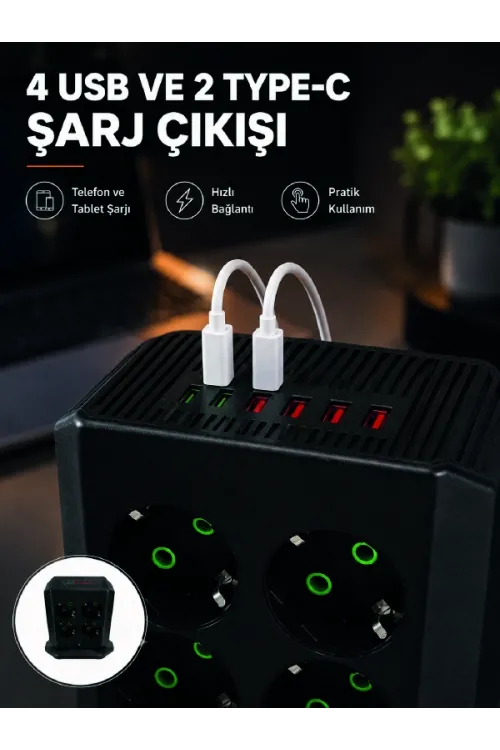 8li Dikey Çoklu Priz 4 Usb 2 Type-c Akım Korumalı Anahtarlı Priz