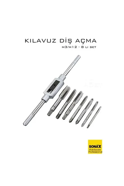 8 li Diş Açma Kılavuz Seti –Endüstriyel Çelik, M3-M12 Arası Dişli Matkap Ucu 722464