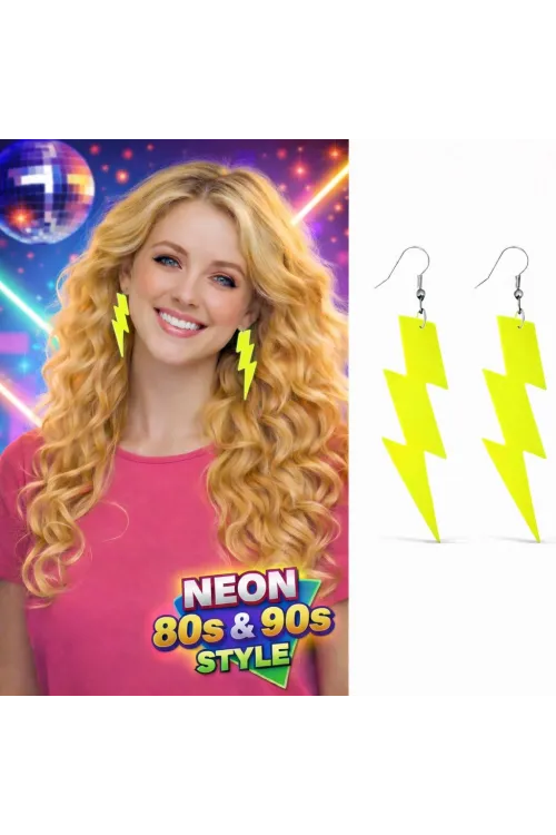 80’ler 90'lar Retro Neon Sarı Şimşek Küpe 10 cm