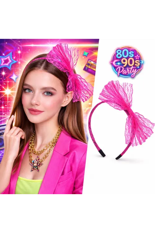 80’ler 90’lar Neon Pembe Dantel Taç Fiyonklu