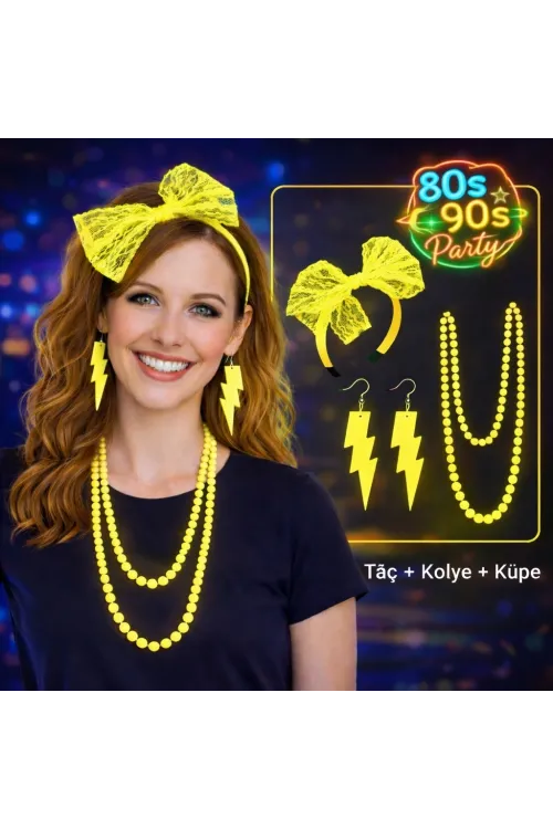 80’ler 90’lar Neon Sarı Parti Seti – Kolye Küpe Taç